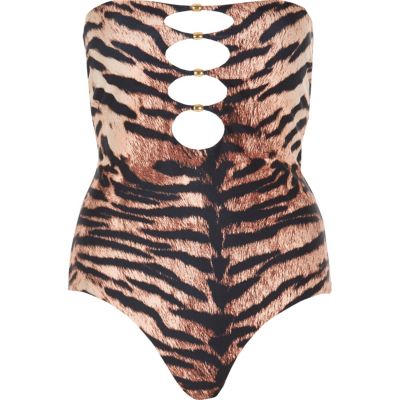 Brown tiger print knot bandeau swimsuit